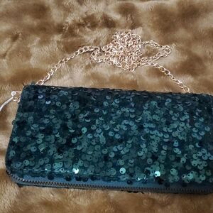 Emerald Sequin Clutch with Gold Chain